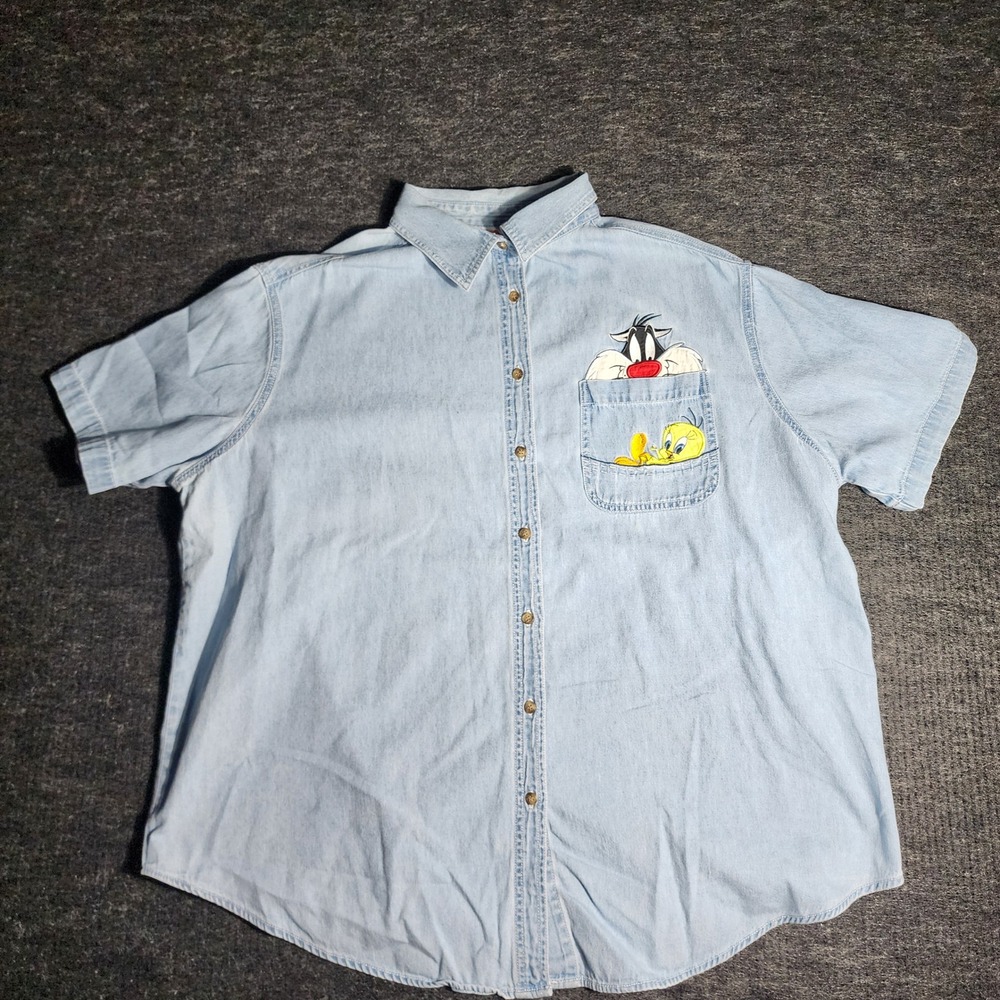 Vintage 1998 Looney Tunes Sylvester Tweety Denim Shirt 22W 24W Light Wash (D9-1)